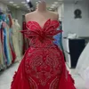 2023 Aso Ebi Arabisch Meerjungfrau Rot Abendkleid Kristalle Perlen Abend Formale Party Zweiter Empfang Geburtstag Verlobungskleider Kleider Robe De Soiree ZJ361