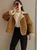 Damen Leder FTLZZ Herbst Winter Frauen Faux Lamm Wolle Patchwork Chamois Jacke Casual Revers Zweireiher Wildleder Mantel