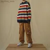 Harajuku Streetwear Daisy Regenboog Gestreepte Vintage Gebreide Trui Herfst Winter Losse Dikker Warme Hip Hop Trui Mannen Q230830