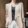 レディーススーツサテンジャケット女性ブレザーブラウスサマーシャツ薄いカジュアルデザインソリッド3クォータースリーブカーディガンコート服