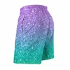 Herren Shorts Board Sommer Lila und Grün Glitzerdruck Laufen Surfen Strand Männer Schnell trocknend Niedliches Design Badehose