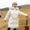 ダウンコート-30度ガールズウィンタージャケット2023 10代の毛皮のフード付き暖かい長い光沢のある子供のための女児パーカースノーウェア4-13Y