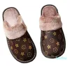 Leather Slippers Printed Plush Cotton Slipper Women Indoor House Shoes Flat Home Slippers Winter Warm Flip Flops H1115