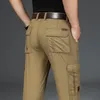 Herrenhose im Safari-Stil, Cargo-Männer, im Freien, lässig, gerade, in voller Länge, reine Baumwolle, viele Taschen, einfarbig, Herren 230830