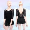 Stage Wear Femmes Ballet Justaucorps Robe De Danse Doux Mesh Splice Trois Quarts Manches Coton Ballerine Costume Gymnastique Justaucorps