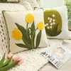 Pillow 45x45cm Tulip Embordered Cover Floral Plant Leaves Print Canvas Home Decoration Living Room