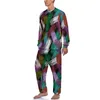 Men's Sleepwear Colorful Brush Print Pajamas Male Paint Stripes Cute Spring Long Sleeve 2 Piece Night Graphic Set