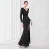 Party Dresses Black Full Sleeves Mermaid Evening Dress V Neck High Split Sequins Long Elastic Formal Gowns For Women Birthday In Stock