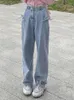 Jeans femininos adagirl kawaii arco mulheres luz azul perna larga oversized streetwear calças estilo coreano sólido solto calças de comprimento total 2023