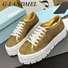 Dress Shoes Spring Womens Thick Soles Laceup Flat Round Head Open Edge Bead Crystal Sparkling Casual Vulcanized Botas 230829