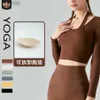 2023 Desginer Al Yoga T Top court Alotop Automne / Hiver Col côtelé Sangle rembourrée à manches longues Faux Deux pièces Slim Fit Sexy Ouvert Umbilicfitness Costume