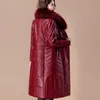 Hai – veste en cuir pour femme, vêtement d'imitation, Version mi-longue, Slim, épais, chaud, grand col en fourrure, manteau d'extérieur, hiver 2023