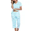 Kadınlar iki parçalı pantolon kısa kollu kırpılmış pantolon set örme pamuklu ev aşınma uzun pijama