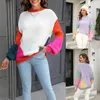 Kvinnors tröjor o-hals virkning Kinted tröja Kvinnor Colorblock Fur Jumper Y2K Top E-Girl Pullover Spring Autumn Winter Sueter Work Tops
