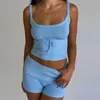 Survêtements Femmes Femmes Tricoté 2 Pièces Ensemble Col Carré À Lacets Camisole Taille Élastique Shorts Tenue D'été 90s Vintage Slim Fit Correspondant