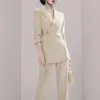 Kvinnors tvåbitar byxor Elegant Autumn Winter Blazer Pant Set Women notched Collar One Button Suit Coat Ladies Office Flare Trousers Suits