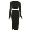 Casual Dresses 2023 Fashion Sexy Long Sleeves Crop Top High Waist Side Slit Skirts Elegant Black Women's Streetwear Two Pieces Sets 28001