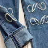 Designer-Damen-Jeans, eingetroffen, hohe Taille, Straße, ausgehöhlter Patch, bestickte Dekoration, lässige blaue gerade Denim-Hosen, warme Loe-Jeans der Marke