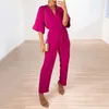 Tweedelige damesbroek Effen elegante jumpsuit Lente/zomer Losvallende grote V-hals Korte mouw Vetersluiting Taille Rechte pijpen