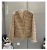 Jaquetas femininas 2023 outono lã misturada tweed listra amarela fio colorido tecido luxo elegante casacos tops vintage