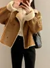 Damen Leder FTLZZ Herbst Winter Frauen Faux Lamm Wolle Patchwork Chamois Jacke Casual Revers Zweireiher Wildleder Mantel