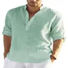 Men's T Shirts Linen T-shirt Standing Collar Cotton Shirt Solid Color Foldable Long Sleeved Undershirt Men Tops Loose Pullover