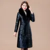 Hai – veste en cuir pour femme, vêtement d'imitation, Version mi-longue, Slim, épais, chaud, grand col en fourrure, manteau d'extérieur, hiver 2023