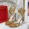 Designer Sandal Crystal Sandals Kvinnor Pumpar Rene Lång band Slides Fashion Leather Rhinestone High Heel Slide Summer Dupe Luxury Wedding Party Pumpar Storlek 35-42