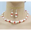 Necklace Earrings Set 8-9MM Natural White Freshwater Cultured Pearls/natural Coral Hand Carved Flowers. Charming Women's Wedding 18 "