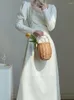 Casual Dresses 2023 Autumn Women White Elegant Long Sleeve Midi Dress Office Lady Puff High midja Korean Square Collar Wark