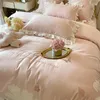 Bedding Sets Pink 100S Egyptian Cotton Butterfly Flowers Embroidery Set Lace Edge Duvet Cover Flat/Fitted Bed Sheet Pillowcases