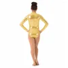 Stage Wear Femmes Body Métallique Adulte Brillant Spandex Justaucorps Col Roulé Gymnastique Costume Club Dancewear Cosplay À Manches Longues Fermeture À Glissière Arrière