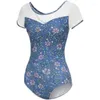 Scenkläder kortärmad blommig balett leotard flickor gymnastik jumpsuit blå dansplikare för kvinnor vuxna luft yogakläder