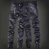 Calças masculinas moda homens retalhos de couro casual magro motocicleta jeans de alta qualidade calças finas tamanho 2836 230830