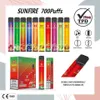 Fabrik grossistpris Sunfire 600 700 puffs 2,0 ml E Liquid TPD Certifierad 0% 2% 3% 5% NIC VAPE PEN PODS engångscigarett med 550 mAh batteri Spanien Frankrike Nederländerna