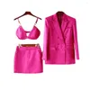 Two Piece Dress High Class French Retro Spring And Summer Rose Red Ding Shiny Minority Design Blazer Vest Skirt Three
