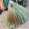 Sage Green Shiny Quinceanera Dress Sleeveless For 15 Girls Ball Gown Appliques Beads With Cape Formal Prom vestidos de 15