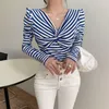 Women's T Shirts Romantic Indie All-Match Long Sleeve Crop Top French Style Fashion Women Clothing 2023 Sexy Stripe Off Shoulder T-shirts