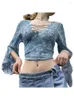 Mulheres Camisetas 2023 Mulheres Vintage Sexy Ver através de 2000s Malha Cardigan T-shirt Senhoras Meninas Flare Manga Longa Botão Down Lace E-Girl Crop