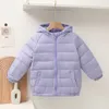 Casaco de inverno para crianças de 3 a 12 anos, jaqueta leve e fina para meninos e meninas, cor sólida, algodão acolchoado com capuz