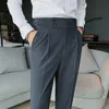 Mens Pants British Style Autumn Solid High Waist Trousers Men Formal Quality Slim Fit Business Casual Suit Hommes 230829