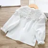 Barnskjorta Spring Autumn Girls White Shirt Korean Fashion All-Match Barnens långärmade T-shirt Cotton Lace Top kläder 230830