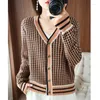 Women's Knits V-Neck Small Fragrant Knitted Cardigan Autumn And Winter Loose Outwear Thousand Bird Grid Long Sleeve Sweater Jacket