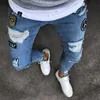 Yeni moda erkek skinny kot pantolon rip ince fit streç denim sıkıntısı yıpranmış bisikletçiye çıtır oyuk uzun kot pantolon boya hkd230829