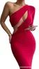 Lässige Kleider 2023 Sommer Damen Rot Single-Shoulder Langarm Taillenloses Design Enges mittellanges Kleid Sexy Hollow Party