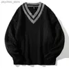Jfuncy masculino inverno malha suéteres oversized masculino preto pulôver v pescoço jumpers vintage listrado malhas roupas masculinas q230830