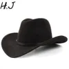 Szerokie brzegowe czapki wiadra 2Big Rozmiar wełniany West Western's Western Cowboy Hat for dżentelmen Lady Jazz Cowgirl z skórzanym Kościołem Cloche Sombrero Caps 230830