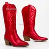 Buty Metalowe kowbojki kobiety Western Boots for Women Hafted Spiczast palec u nogi obcasowe buty zimowe różowe czerwone złoty metalic 230829