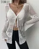 Maglia da donna T-shirt con scollo a V lavorato a coste con maniche a campana e cravatta sul davanti, cardigan scavato, maglione chic per le donne 230829