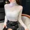 T-shirts Femmes Twicefanx Chemise transparente à manches longues Slim Femmes Tops Femmes Top Sexy 2023 Automne Hiver Rayé Mesh Blouse 655E